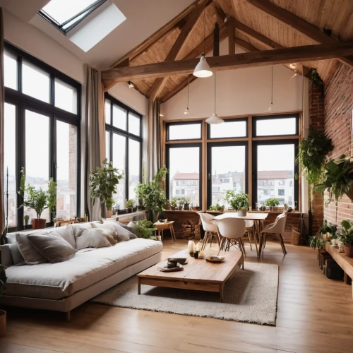 loft,wooden beams,scandinavian style,living room,shared apartment,home interior,wooden windows,modern decor,livingroom,great room,hardwood floors,beautiful home,interior design,homes for sale in hoboken nj,apartment lounge,danish furniture,contemporary decor,indoor,house plants,attic,Photography,General,Realistic
