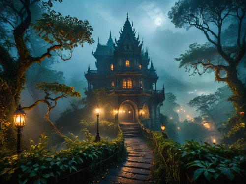 fairy tale castle,fairytale castle,witch's house,house in the forest,fantasy landscape,fantasy picture,haunted forest,ghost castle,fairytale forest,fairy house,haunted castle,enchanted forest,witch house,fairy tale,fairytale,enchanted,3d fantasy,a fairy tale,the haunted house,fairy forest,Photography,General,Fantasy