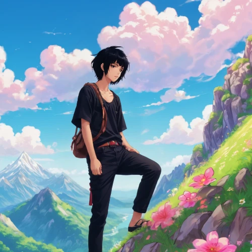 meteora,springtime background,spring background,2d,falling flowers,blooming field,flower background,japanese sakura background,sakura background,landscape background,mountain top,skyland,high landscape,summer sky,floral background,mountain world,mountain guide,ren,mowgli,anime japanese clothing