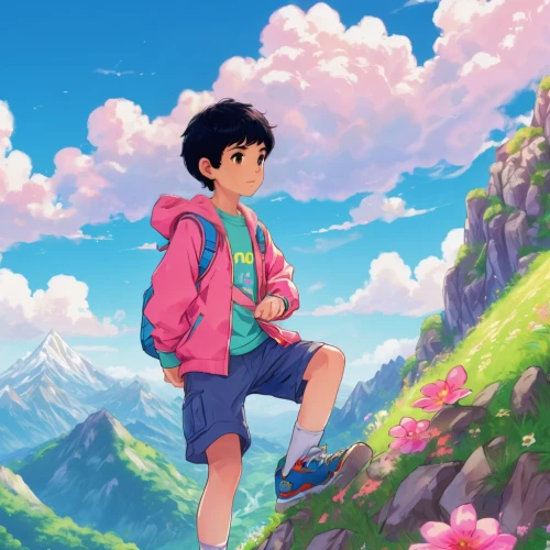 studio ghibli,springtime background,meteora,spring background,wander,blooming field,mountain world,mountain guide,mountain,hiker,adventure,the spirit of the mountains,falling flowers,hike,girl and boy outdoor,summer background,mountain hiking,summer sky,background screen,would a background