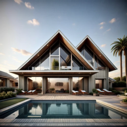modern house,modern architecture,folding roof,3d rendering,pool house,cubic house,dunes house,frame house,luxury property,geometric style,house shape,symmetrical,timber house,render,luxury home,mid century house,residential house,holiday villa,archidaily,tropical house
