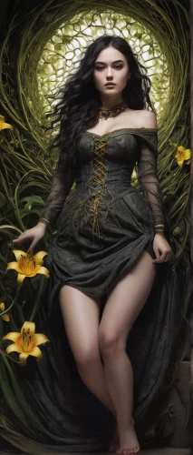 faery,the enchantress,faerie,celtic woman,image manipulation,spring equinox,photomanipulation,photo manipulation,sorceress,uprooted,plus-size model,dryad,secret garden of venus,digital compositing,waterlily,shamanic,yellow garden,sunflower lace background,fantasy woman,fantasy picture