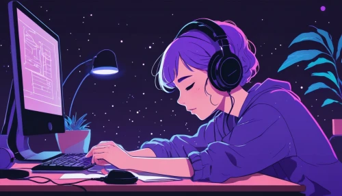 vector illustration,girl at the computer,vector art,listening to music,background vector,women in technology,streaming,night administrator,computer addiction,blogs music,purple background,music background,girl studying,freelance,retro music,freelancer,music producer,vector graphic,music workstation,illustrator,Illustration,Japanese style,Japanese Style 06
