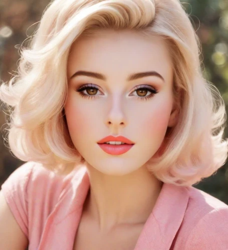 barbie doll,pink beauty,dahlia pink,vintage makeup,pixie-bob,pink magnolia,pompadour,doll's facial features,peach color,marylin monroe,short blond hair,peach,50's style,barbie,porcelain doll,realdoll,audrey,airbrushed,magnolia,wallis day