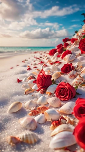 rose petals,beautiful beaches,beautiful beach,seashells,dream beach,sea shells,lover's beach,red anemones,spray roses,beach shell,seashell,beach moonflower,red sea,beach scenery,beach landscape,white sandy beach,sea of flowers,caribbean beach,pink beach,in shells,Illustration,Realistic Fantasy,Realistic Fantasy 02