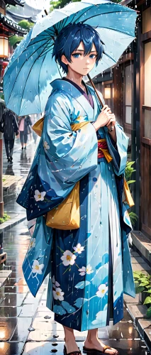 blue rain,japanese umbrella,anime japanese clothing,japanese umbrellas,monsoon banner,umbrella,summer umbrella,man with umbrella,raincoat,rainy,mukimono,umbrellas,asian umbrella,tsukemono,rainy season,honzen-ryōri,walking in the rain,rain protection,senso-ji,rain suit,Anime,Anime,Realistic