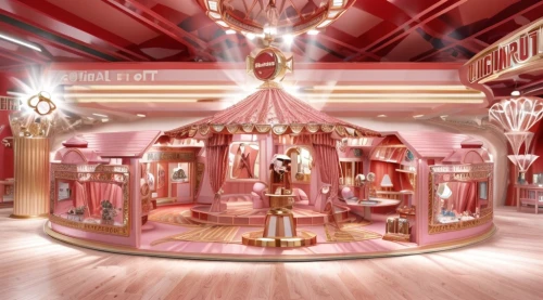 carousel,doll house,doll kitchen,circus stage,circus tent,ice cream parlor,merry-go-round,the little girl's room,merry go round,carousel horse,candy shop,playhouse,carnival tent,gift shop,gymnastics room,beauty room,dolls houses,dollhouse,jewelry store,fairground