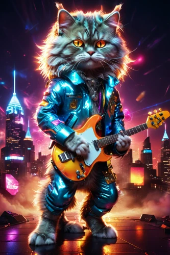 rocket raccoon,thundercat,stray cats,electric guitar,cartoon cat,guitar player,rock band,cat vector,tom cat,cat warrior,guitar solo,musical rodent,wild cat,wildcat,keytar,streampunk,animal feline,jazz guitarist,wolf bob,digital compositing,Illustration,Realistic Fantasy,Realistic Fantasy 38