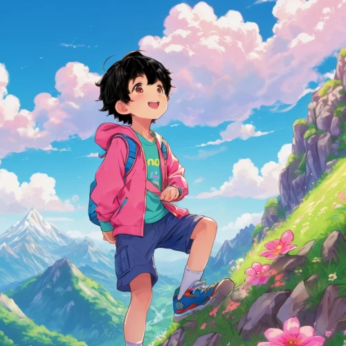 meteora,studio ghibli,mountain guide,springtime background,the spirit of the mountains,spring background,mountain,mountain world,mowgli,adventure,flying girl,little clouds,hiker,falling flowers,children's background,mountain hiking,wander,background image,hike,girl and boy outdoor