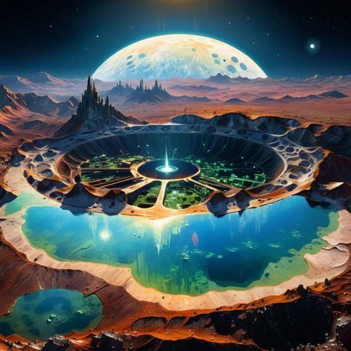 mushroom landscape,fantasy landscape,lunar landscape,futuristic landscape,cosmos field,acid lake,aeolian landform,terraforming,alien planet,alien world,floating island,valley of the moon,mushroom island,floating islands,planet eart,caldera,landform,crater,volcanic field,crescent spring,Art,Artistic Painting,Artistic Painting 04