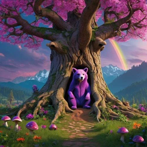 purple and pink,unicorn background,lilac tree,purple landscape,rainbow background,colorful tree of life,fantasy picture,fairy forest,purple wallpaper,purple background,wall,bear guardian,children's background,magic tree,spring background,flourishing tree,bear bow,purple,pink-purple,druid grove,Photography,General,Realistic