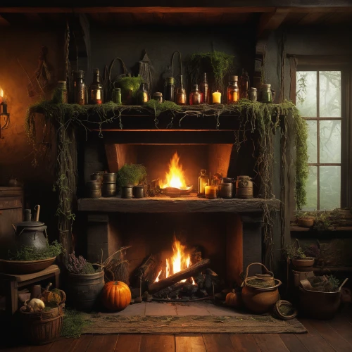 autumn decor,seasonal autumn decoration,victorian kitchen,wood-burning stove,fireplaces,candlemaker,autumn decoration,apothecary,wood stove,fireplace,witch house,witch's house,halloween travel trailer,vintage kitchen,christmas fireplace,halloween decor,home fragrance,country cottage,autumn still life,hearth,Conceptual Art,Oil color,Oil Color 11