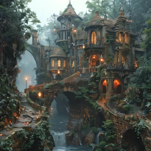 fairy village,house in the forest,fairy tale castle,fantasy city,fairy house,fantasy landscape,witch's house,3d fantasy,fantasy world,fairy world,elves flight,enchanted forest,fantasy picture,fantasy art,ancient house,mountain settlement,beautiful home,a fairy tale,elven forest,enchanted