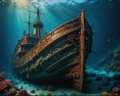 sunken ship,shipwreck,the wreck of the ship,ship wreck,sunken boat,sea fantasy,ocean underwater,underwater background,the bottom of the sea,the wreck,underwater landscape,caravel,waterglobe,underwater world,under the water,boat wreck,undersea,galleon,bottom of the sea,submersible,Photography,General,Fantasy