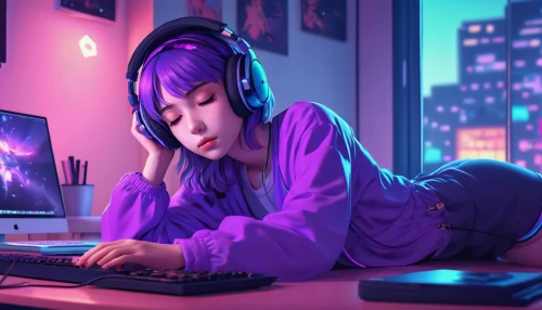 girl at the computer,girl studying,purple wallpaper,lan,purple background,music background,listening to music,streaming,twitch icon,computer addiction,world digital painting,night administrator,gamer,dj,zzz,twitch logo,streamer,cyberpunk,stream,vector art,Photography,General,Realistic