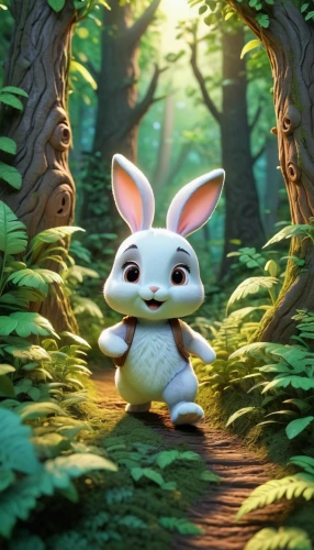 little bunny,little rabbit,thumper,hare trail,cute cartoon character,forest animal,wood rabbit,white rabbit,forest background,white bunny,cottontail,easter background,baby bunny,bunny,wild rabbit,in the forest,easter theme,baby rabbit,cute cartoon image,hoppy,Unique,3D,3D Character