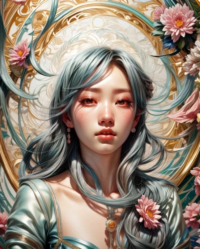 fantasy portrait,flora,jasmine blossom,mint blossom,girl in a wreath,flower fairy,amano,camellia,porcelain rose,blooming wreath,sakura wreath,chinese art,wreath of flowers,baroque angel,petals,white blossom,zodiac sign libra,digital painting,girl in flowers,blossoms