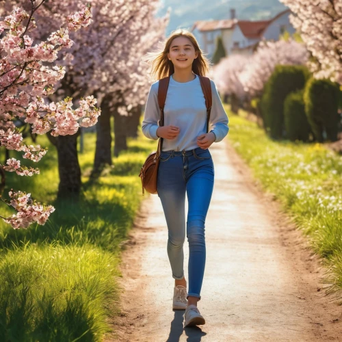 girl in flowers,spring background,woman walking,beautiful girl with flowers,springtime background,girl walking away,girl picking flowers,walking,spring blossoms,in the spring,japanese sakura background,go for a walk,spring nature,colors of spring,spring blossom,girl with tree,walk,almond blossoms,picking flowers,springtime,Photography,General,Realistic