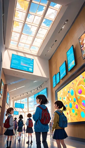 school design,sky train,apple store,school children,aquariums,classroom,windows 10,food court,aquarium,interactive kiosk,flat panel display,glass roof,tokyo disneyland,kindergarten,children learning,school of fish,windows,school bus,children's interior,glass wall,Anime,Anime,Realistic