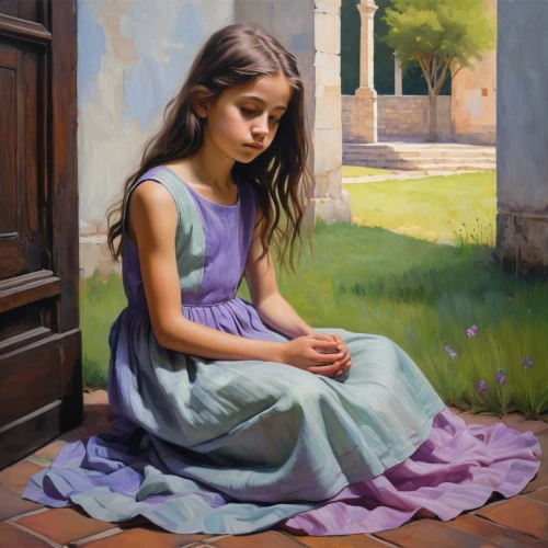 girl praying,girl with cloth,girl in cloth,girl in a long dress,relaxed young girl,girl sitting,la violetta,oil painting,mystical portrait of a girl,girl in the garden,girl in a long,little girl in pink dress,a girl in a dress,oil painting on canvas,little girl in wind,art painting,girl with bread-and-butter,italian painter,child portrait,girl with tree,Illustration,Realistic Fantasy,Realistic Fantasy 28
