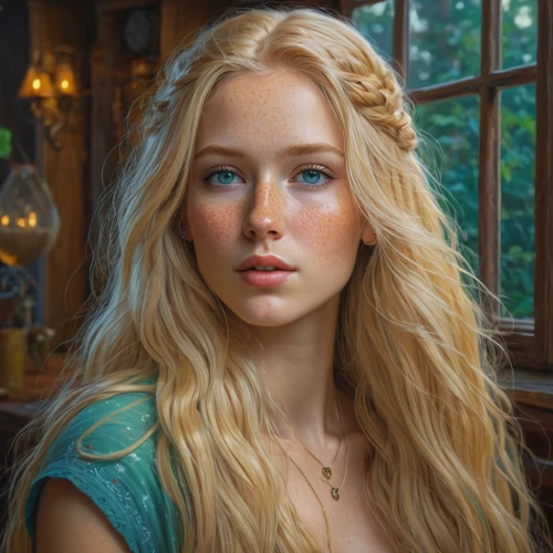 elsa,rapunzel,blonde woman,blond girl,jennifer lawrence - female,fantasy portrait,celtic woman,elven,golden haired,blonde girl,katniss,romantic portrait,portrait of a girl,long blonde hair,cinderella,young woman,british semi-longhair,pretty young woman,mystical portrait of a girl,celtic queen,Illustration,Realistic Fantasy,Realistic Fantasy 27