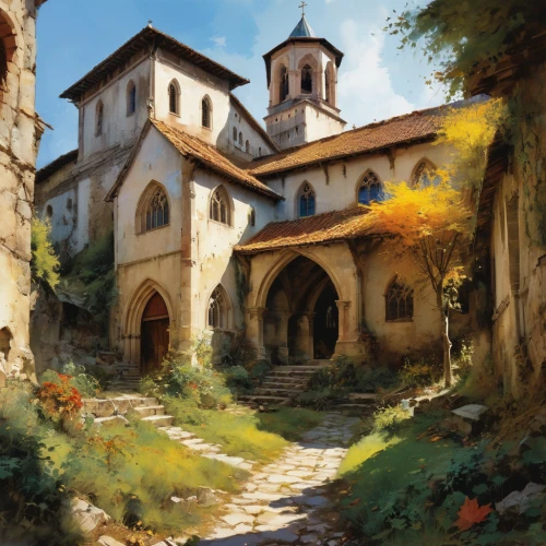 church painting,monastery,medieval architecture,cathedral,volterra,medieval town,world digital painting,medieval,church,convent,italian painter,mountain settlement,citta alta in bergamo,autumn light,churches,meteora,alhambra,tuscan,autumn landscape,vizcaya