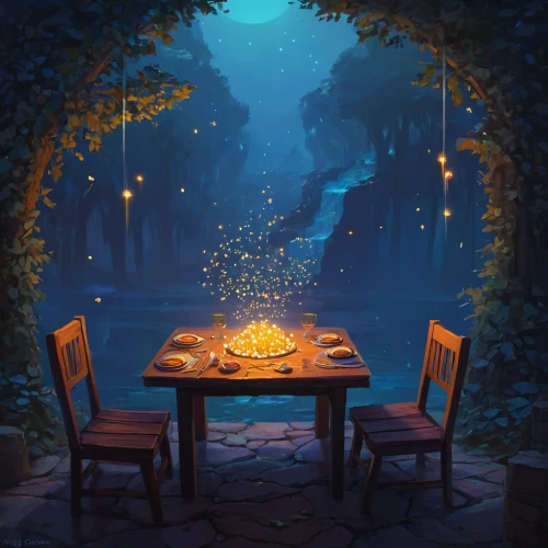 romantic dinner,candle light dinner,wishing well,romantic night,fireflies,dinner for two,campfire,tea-lights,outdoor table,mid-autumn festival,candlelight,tea light,fine dining restaurant,dining,place setting,fantasy picture,candlelights,candle light,game illustration,dining table,Conceptual Art,Fantasy,Fantasy 14