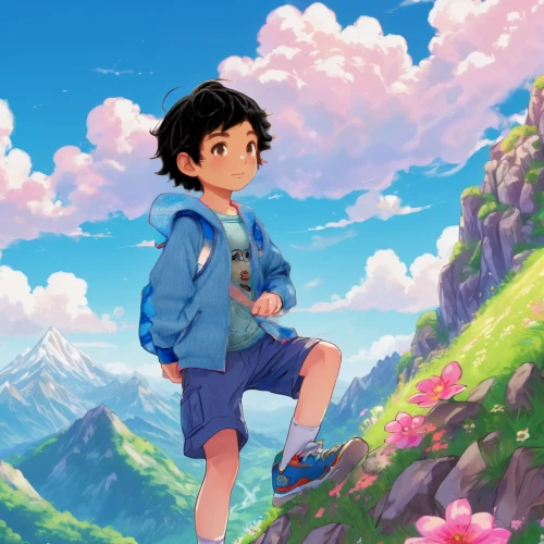 studio ghibli,meteora,mountain guide,springtime background,little clouds,blue mountain,mountain world,blue sky clouds,mountain,the spirit of the mountains,blue sky and clouds,hiker,wander,spring background,adventure,falling flowers,clouds - sky,about clouds,blue sky,skyland