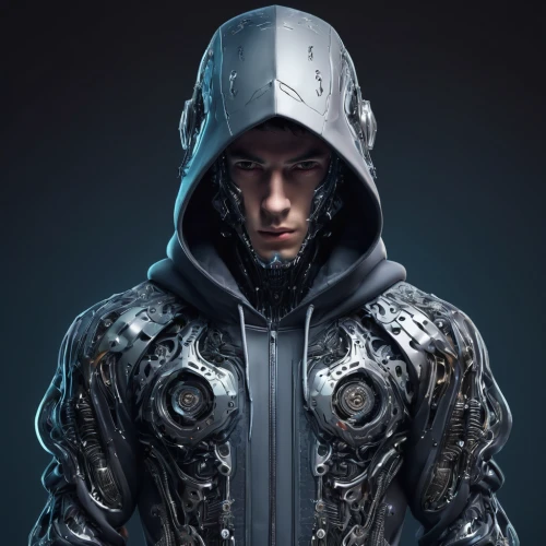 hooded man,cyborg,assassin,hooded,iceman,game illustration,game character,cloak,hoodie,mechanical,humanoid,massively multiplayer online role-playing game,cybernetics,electro,cyberpunk,rain suit,jacket,male character,cg artwork,3d man,Conceptual Art,Sci-Fi,Sci-Fi 03