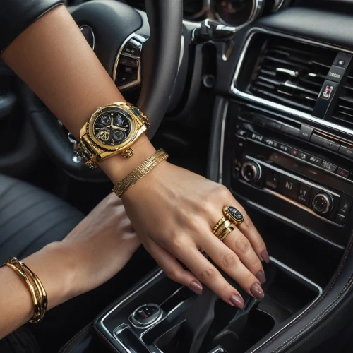 luxury accessories,gold watch,wrist watch,rolex,gold bracelet,watch accessory,wristwatch,automotive decor,car dashboard,timepiece,leather steering wheel,steering wheel,wrist,watches,gold plated,gold rings,luxury,luxury items,auto accessories,gold lacquer,Photography,General,Natural