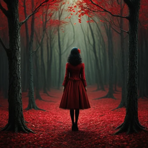 red riding hood,little red riding hood,red coat,red tree,man in red dress,on a red background,lady in red,red cape,red background,red,landscape red,red tunic,red shoes,shades of red,girl with tree,red gown,girl walking away,black forest,girl in red dress,red tablecloth,Illustration,Abstract Fantasy,Abstract Fantasy 19