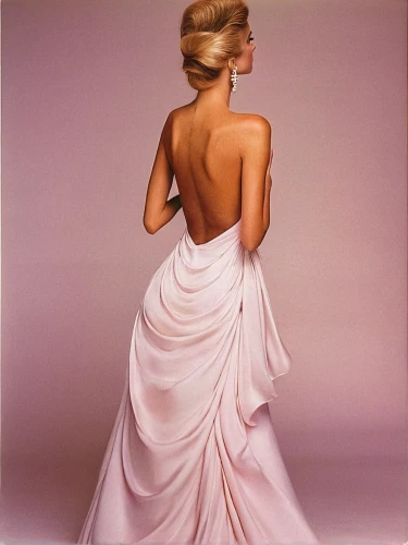 girl in a long dress from the back,drape,evening dress,strapless dress,fashion illustration,woman's backside,ball gown,girl in a long dress,chignon,model years 1960-63,femininity,dressmaker,oil painting,airbrushed,gown,white silk,oil painting on canvas,dress form,robe,vintage art,Photography,Fashion Photography,Fashion Photography 19
