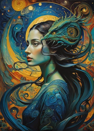 aquarius,siren,andromeda,medusa,mystical portrait of a girl,mother earth,fantasy portrait,zodiac sign gemini,fantasy art,virgo,zodiac sign libra,flora,the zodiac sign pisces,water nymph,blue enchantress,anahata,jaya,nebula,indigo,gemini,Art,Classical Oil Painting,Classical Oil Painting 07