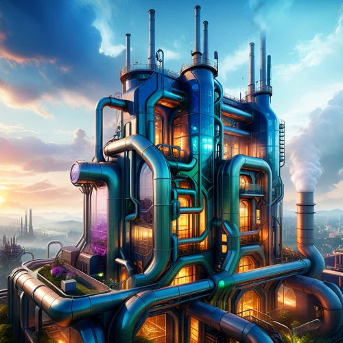refinery,fantasy city,chemical plant,heavy water factory,sci fiction illustration,industrial landscape,futuristic landscape,industrial tubes,steampunk,industrial plant,futuristic architecture,petrochemicals,solar cell base,petrochemical,metropolis,industry,factories,transistor,pipes,skyscraper town,Illustration,Realistic Fantasy,Realistic Fantasy 01