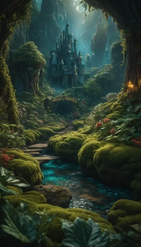 fantasy landscape,elven forest,fairy forest,fairy world,fairy village,fairytale forest,fantasy picture,enchanted forest,3d fantasy,fantasy world,fantasy art,forest landscape,druid grove,a fairy tale,forest of dreams,forest glade,the forest,hobbiton,fairy tale,fairytale,Photography,General,Fantasy