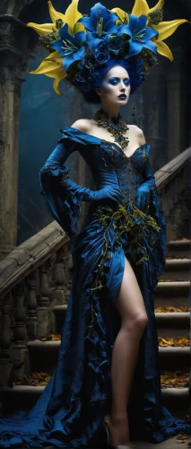 blue enchantress,queen of the night,cosplay image,blue peacock,sapphire,dark blue and gold,sorceress,mazarine blue,the carnival of venice,cleopatra,masquerade,lady of the night,blue rose,priestess,miss circassian,gothic fashion,bjork,baroque,venetia,baroque angel,Photography,General,Fantasy