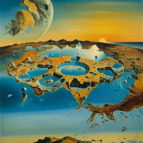 lunar landscape,desert landscape,el salvador dali,desert desert landscape,moon valley,alien planet,dali,futuristic landscape,alien world,aeolian landform,mushroom landscape,dune landscape,planet eart,valley of the moon,desertification,phase of the moon,floating islands,arid landscape,desert planet,planetary system,Art,Artistic Painting,Artistic Painting 20