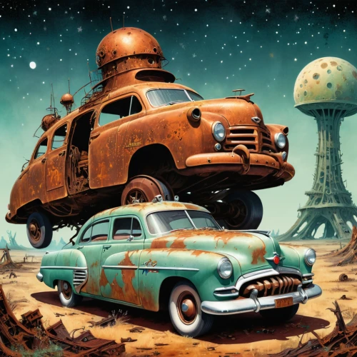 atomic age,ford prefect,moon car,rusty cars,rust truck,hudson hornet,tin toys,station wagon-station wagon,retro vehicle,gaz-53,science-fiction,mars rover,science fiction,lunar prospector,route66,route 66,tin car,mission to mars,mars probe,buick super,Illustration,Realistic Fantasy,Realistic Fantasy 02