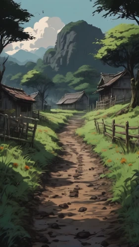 rural landscape,backgrounds,landscape background,studio ghibli,wooden path,pathway,countryside,the path,hiking path,home landscape,country road,farm landscape,farmstead,farm background,the road,forest path,druid grove,the farm,rural,stroll,Conceptual Art,Fantasy,Fantasy 01