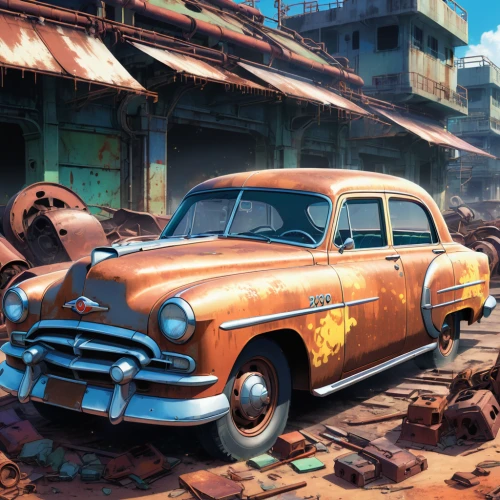 rusty cars,volvo amazon,cuba background,hudson hornet,hindustan ambassador,scrapped car,scrapyard,junk yard,fallout4,old havana,scrap car,junkyard,rust truck,world digital painting,old cars,aronde,old car,retro vehicle,salvage yard,automobile repair shop,Illustration,Japanese style,Japanese Style 03