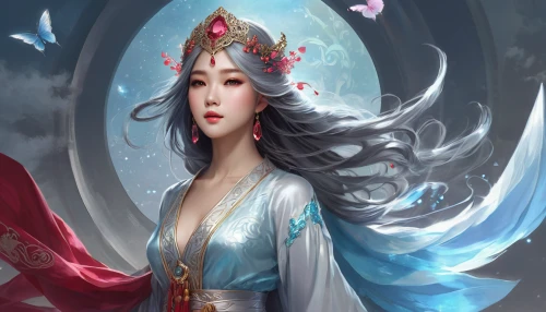 oriental princess,chinese art,mulan,fantasy portrait,fantasy art,oriental girl,oriental,oriental painting,xizhi,peking opera,fairy queen,dragon li,hwachae,fantasy woman,the snow queen,fairy tale character,priestess,fantasy picture,the enchantress,jasmine blossom,Illustration,Realistic Fantasy,Realistic Fantasy 01