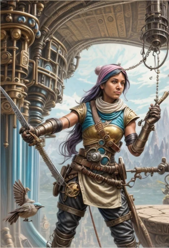 prejmer,sterntaler,libra,heroic fantasy,zodiac sign libra,female warrior,sci fiction illustration,fantasy art,wind warrior,fantasy picture,rapunzel,cg artwork,adventurer,key-hole captain,fantasy portrait,scandia gnome,merchant,violet head elf,arcanum,game illustration