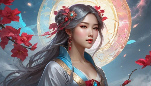 oriental princess,chinese art,jasmine blossom,zodiac sign libra,blue moon rose,plum blossom,fantasy portrait,oriental painting,mulan,lotus blossom,plum blossoms,oriental girl,horoscope libra,fantasy art,jasmine,mystical portrait of a girl,oriental,fairy queen,rosa 'the fairy,the zodiac sign pisces,Illustration,Realistic Fantasy,Realistic Fantasy 01