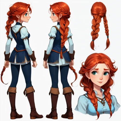 merida,cinnamon girl,vanessa (butterfly),red-haired,clary,bunches of rowan,nora,rowan,redheads,main character,princess anna,hairstyles,concept art,girl pony,ariel,fairy tale character,braid,elza,clementine,fire poker flower,Unique,Design,Character Design