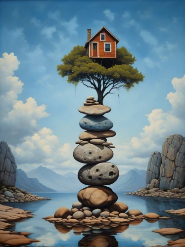 home landscape,floating island,isolated tree,tree house,world digital painting,surrealism,houses clipart,equilibrist,landscape background,background with stones,inverted cottage,little house,balanced boulder,house with lake,balancing act,islet,small house,roof landscape,digital compositing,housetop,Photography,Artistic Photography,Artistic Photography 14