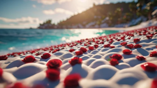 christmas on beach,cinema 4d,fragrant snow sea,knitted christmas background,santa claus at beach,coconut balls,christmas balls background,coconut ball,christmas snowy background,many berries,mushroom landscape,coconut cubes,3d render,ball pit,dream beach,christmasbackground,sea of salt,snowballs,3d rendered,tilt shift,Photography,General,Sci-Fi