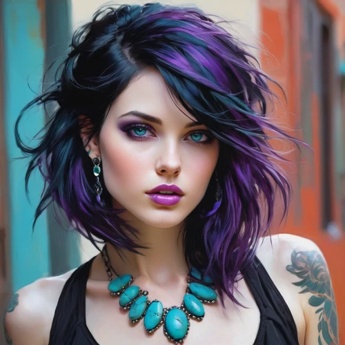 dark purple,vibrant color,trend color,rock beauty,purple lilac,violet colour,color turquoise,lilac,layered hair,blue hair,purple skin,rockabilly style,feathered hair,tattoo girl,purple,purple blue,attractive woman,beautiful woman,purple chestnut,goth woman,Conceptual Art,Oil color,Oil Color 09