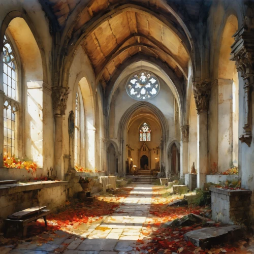 church painting,hall of the fallen,sanctuary,monastery,light of autumn,sepulchre,blood church,haunted cathedral,medieval architecture,autumn light,parchment,medieval,ruin,cathedral,church faith,aisle,harvest festival,concept art,holy places,sunken church