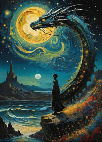 fantasy picture,fantasy art,fantasia,pilgrim,herfstanemoon,starry night,jrr tolkien,sci fiction illustration,phase of the moon,the moon and the stars,flow of time,scythe,luna,time spiral,astral traveler,violinist violinist of the moon,el mar,the endless sea,hanging moon,mantra om,Conceptual Art,Sci-Fi,Sci-Fi 01