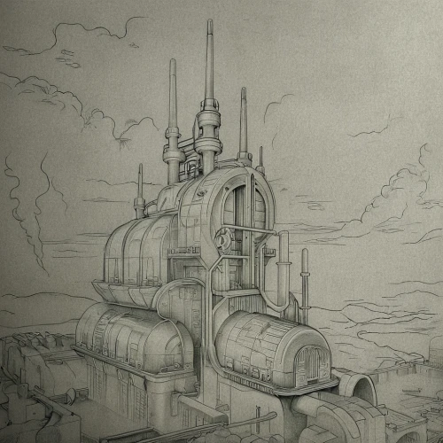 industrial landscape,refinery,chemical plant,heavy water factory,industrial plant,airships,oil tank,industrial tubes,pumping station,submersible,turrets,industrial ruin,concrete plant,steampunk,diving bell,industrial,factory ship,industry,shipyard,airship,Design Sketch,Design Sketch,Pencil